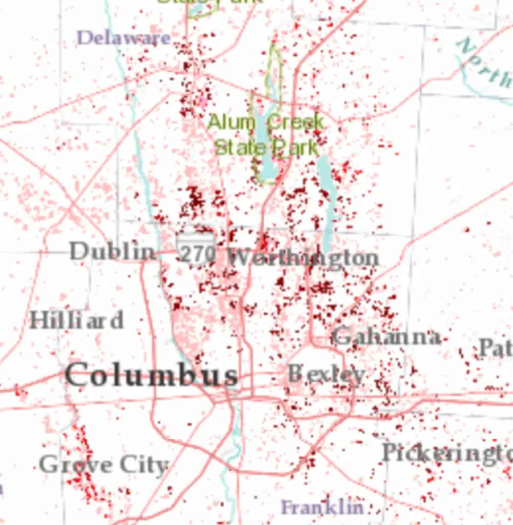 Risk map of central Ohio where oak wilt could increase.